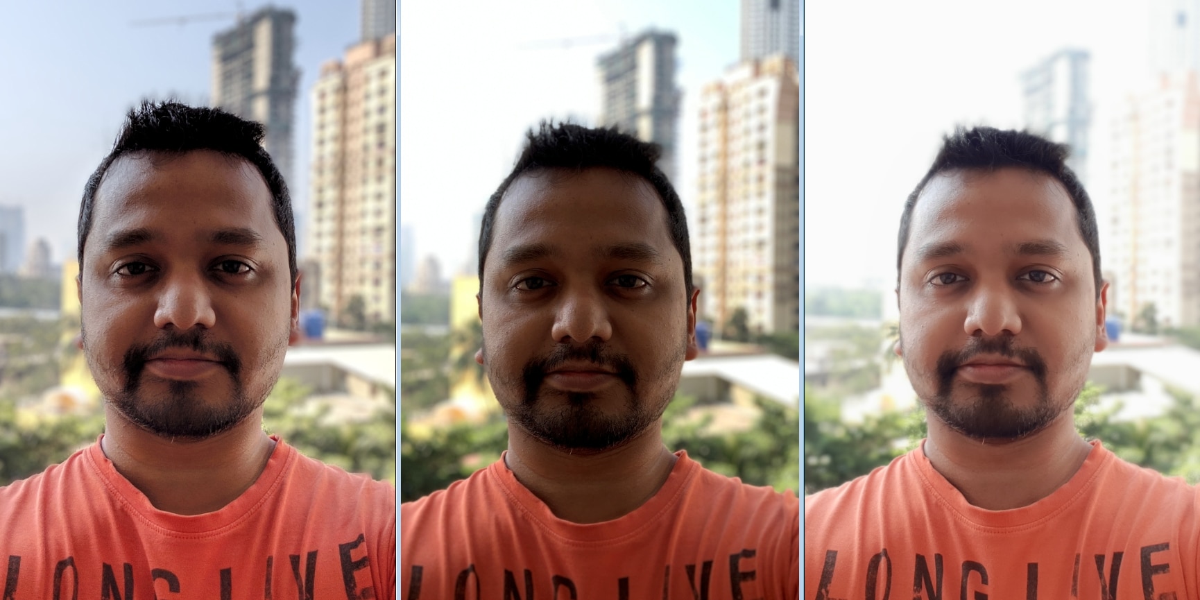 Pixel 3 XL, XS Max, NOte 9 L:R. Synthetic Fill Flash manages to perfectly expose the face, even in Portrait selfie against a bright background. Image: tech2/Sheldon Pinto.